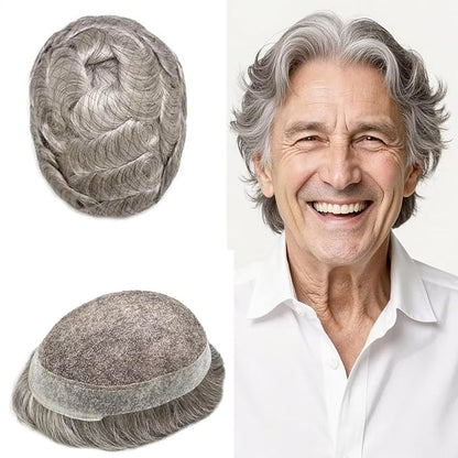 FACE MIRACLE French Lace Mens Toupee Human Hair System Lace Center Toupee for Men Thin Skin PU Around Hair Replacement System V-Looped Mens Hair Wig 6"X9" #580 5# MEDIUM LIGHT BROWN WITH 80% GREY