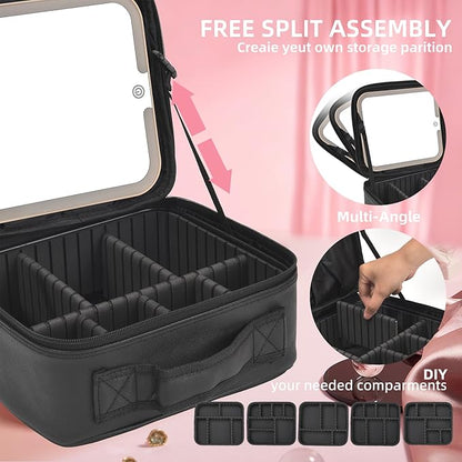 Travel Makeup Bag with LED Mirror,Removable Mirror with 3 Color Modes,Portable makeup travel organizer for Women,Makeup Case with 8 Adjustable EVA Dividers,Cosmetic Train Case with Lighted Mirror