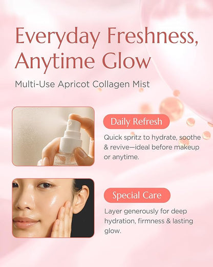 Apricot Collagen Gel Serum Mist Korean Face Moisturizer Spray - 8 Layer Hyaluronic Acid and Bakuchiol - Heart Shape Clear Keychain Refillable Travel Portable Bottle, 3.38oz