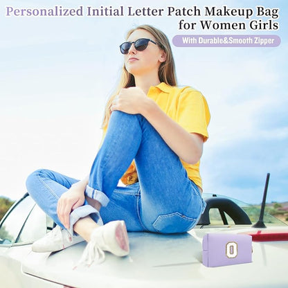 Personalized Initial Letter Patch Makeup Bag, Preppy Small Chenille Letter Cosmetic Bag with Zipper, PU Leather Waterproof Travel Toiletry Bag Monogram Make Up Pouch for Women Girls(Letter O)
