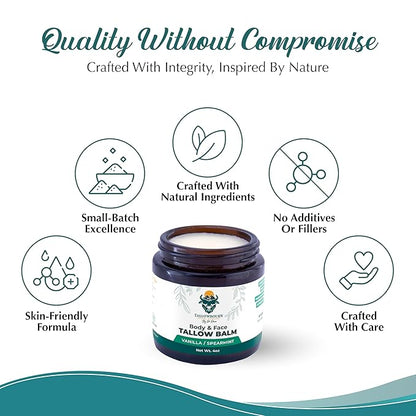 Dr. Dave's Primal Essence Grass Fed Beef Tallow Balm for Face and Body with Shea Butter, Organic Jojoba Oil, Honey, and Beeswax – Beef Tallow for Skin – Vanilla and Spearmint – 4 oz