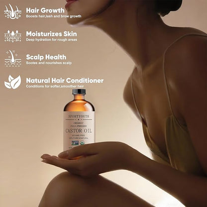 SPORTYOUTH Organic Castor Oil Cold Pressed Hexane Free 32 oz Glass Bottle USDA Certified 100% Pure Unrefined Carrier Oil for Hair Growth, Scalp, Castor Oil Pack, Eyelashes, Brows, Skin, Face, Body