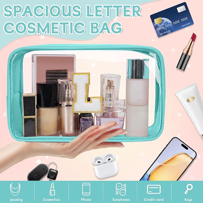 Personalized Initial Clear Makeup Bag, Travel Chenille Patch Cosmetic Bag, Preppy Toiletry Bag Monogram Cosmetic Pouch with Zipper, Ideal Gift for Teen Girls Women (Clear-Green, L)