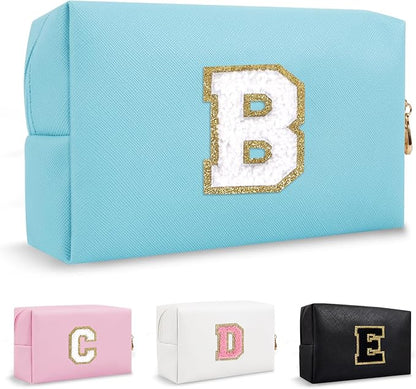 Small Initial Preppy Makeup Bag Organizer, Blue Cute Chenille Letter Make Up Cosmetic Zipper Pouch Toiletry Bags for Traveling, Waterproof PU Makeup Case Personalized Gifts for Bachelorette(Letter B)