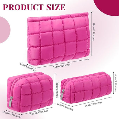3 Pcs Puffy Makeup Bag Quilted Cosmetic Pouch for Women Cute Checkered Travel Toiletry Bag Puffer Makeup Organizer Purse Pouch Preppy Pencil Case with Zipper(Hot Pink)