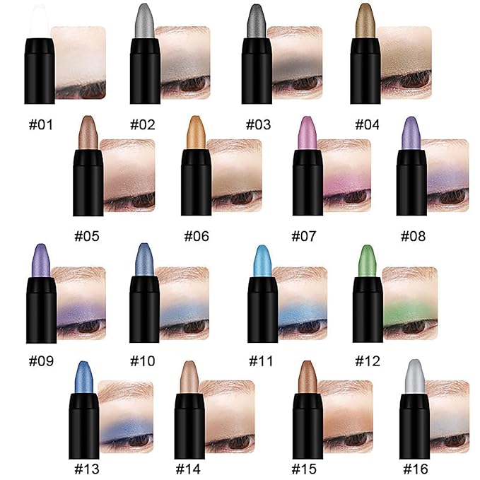 Eyeshadow Shimmer Stick, 16 Color Highlighter Eyeshadows Pencil Waterproof Glitter Eye Shadow Eyeliner Pen, Waterproof Eyeshadows Shimmer Stick Long Lasting Brightener Eyeshadow (16 Silver)
