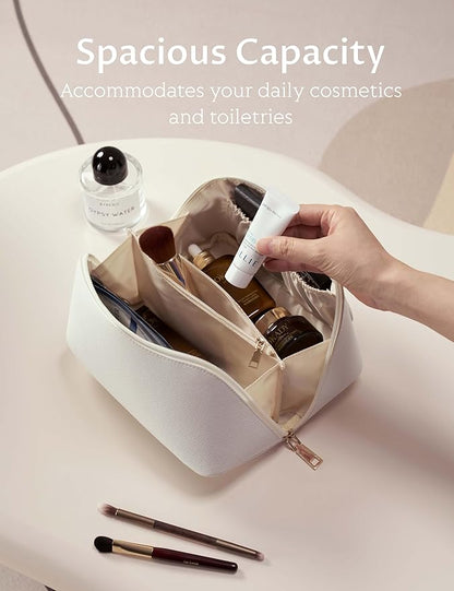 Yarnic White Travel Makeup Bag Cosmetic Bag Make Up Pouch, Large Capacity Toiletry Bag for Women, Portable Pouch Cute Make Up Organizer with Divider and Handle, PU Leather