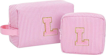 MONSTINA Personalized Initial Makeup Bag for Women,Make Up Case for Girlfriend Bridesmaid Wife,Birthday Gift for Her Cute Toiletry Bag,2PCS,Pink L