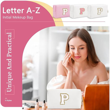 Small Personalized Initial A-Z Preppy Patch Makeup Bag,White PU Chenille Letter Travel Cosmetic Pouch with Zipper,Cute Toiletry Bag,Gift Ideal for Teen Girls Women Teacher Bridesmaid,Letter P