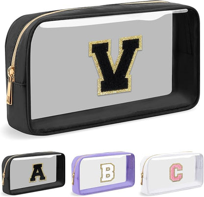 Personalized Initial Letter Clear Makeup Bag,Preppy Small Nylon&PVC Cosmetic Zipper Bag with Chenille Letter,Travel Skincare Toiletry Bag,Monogram Christmas Gift for Teen Girls Women,V