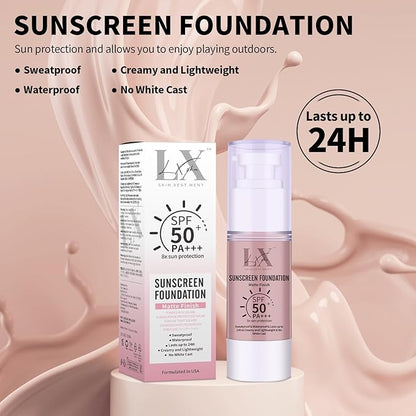 Tinted Face Sunscreen - Waterproof & Lightweight Liquid Foundation with SPF 50++, 3-in-1 Full Coverage Foundation Smooths & Blurs Pores, 108 Light