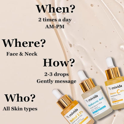 Mivida Anti-Aging Serum Trio| 20% Vitamin C + Hyaluronic Acid + 2.5% Retinol Serums For Face | Brightening, Firming & Hydrating Skincare Set | Reduces Wrinkles, Fine Lines & Dark Spots, 3x1floz