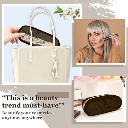 Nylon Small Clear Makeup Bag, Slim Black Makeup Brush Case, Waterproof Travel Toiletry Bag, Zipper Pouch for Purse, Make Up Organizer for Women (Brown)