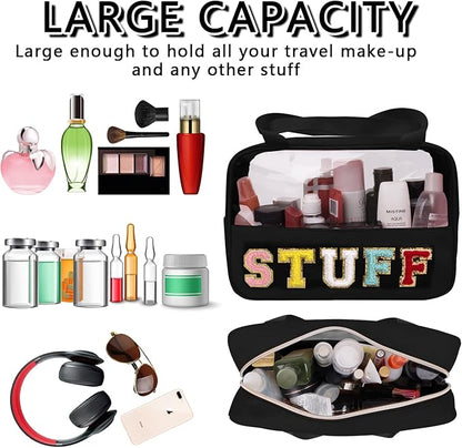 Chenille Letter Patch Stuff Bag, Preppy Clear Makeup Cosmetic Bag Large Toiletry Storage Tote Bag with Handle, Transparent Nylon Waterproof Organizer Zipper Pouch for Travel Women Girls(Black)