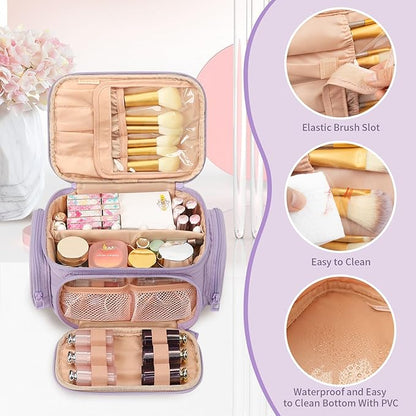 OCHEAL Makeup Bag,Travel Cosmetic Cases Makeup Organizer Bag for Women with Zipper Pouch and Side Pocket, Multifunctional Compartments and Dividers,Make up Toiletries, Brushes & Beauty Tools-Purple