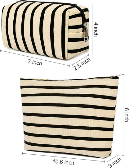 SOIDRAM 2 Pieces Makeup Bag Large Stripe Cosmetic Bag Capacity Canvas Mix Travel Toiletry Bag Organizer Cute Makeup Brushes Aesthetic Accessories Storage Bag for Women, Stripe Mix White