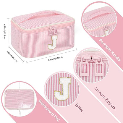 OCHEAL Makeup Bag for Women, Monogram Cosmetic Bag with Brush Holder, Pink Travel Makeup Case Beauty Toiletry Bag Organizer Personalized Gifts for Girls Bridesmaid, Sister, Wife, Friends Initial J