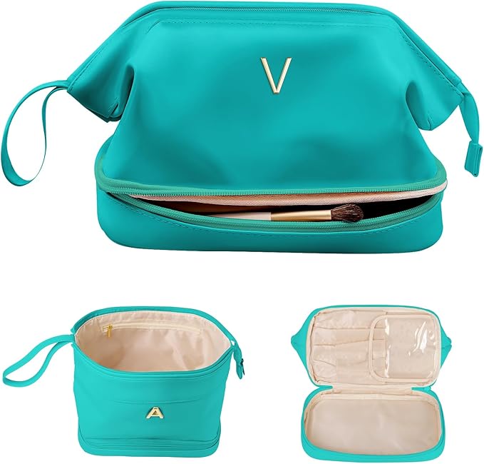 Wedding Gifts, Birthday Gift for Her, Makeup Bags, Waterproof Double Layer Cosmetic Bag, Large Capacity PU Leather Makeup Bags Letter Travel Toiletry Bag, Initial Gifts for Coworkers