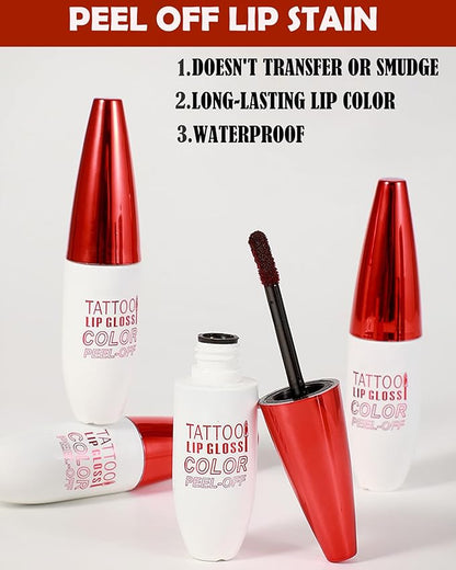 2 Pcs Red Nude Pink Peel Off Lip Stain,Matte Peel Off Lip Gloss Long Lasting Lip Liner Stain Peel Off Lip Tint, Waterproof Lip Liner Stain High Pigmented Lipstick Women's Lip Color Makeup Gift-03+04