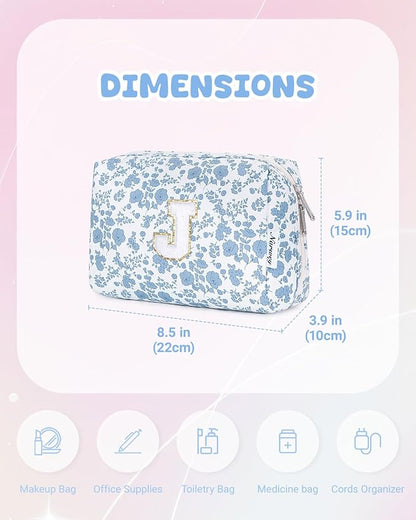 Narwey Birthday Gifts for Teen Girls Kids Women Personalized Initial Floral Makeup Bag Cute Cosmetic Trendy Stuff 6 8 10 11 12 13 14 16 18 Years Old Travel Toiletry Bag (Little Blue Flower J)
