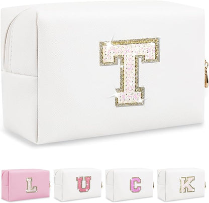 Personalized Initial Letter Makeup Bag, Small Preppy Glitter Cosmetic Pouch PU Waterproof Zipper Travel Toiletry Bag, Unique Letter Patch Makeup Organizer Gift for Women Teen Girls