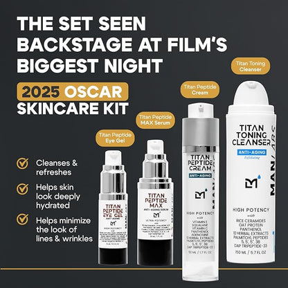 Titan Oscar Anti-Aging Mens Skin Care Kit – Wash, Face Serum, Eye Cream, Mens Face Moisturizer – Men, Skin Care Set – Dark Circles, Wrinkles, Fine Lines – Vitamin C, Peptides, Niacinamide, HA