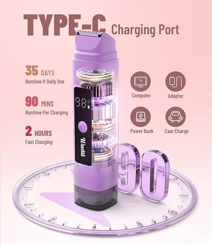Electric Bikini Trimmer for Women: Razor & Shaver with Dual Heads for Body Pubic Hair, IPX7 Waterproof with LED Display - Rechargeable Lady Trimmer for Underarm Body Leg Face - Purple