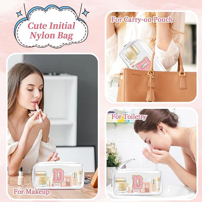 Small Clear Personalized Initial Makeup Bag,Nylon Preppy A-Z Chenille Letter Patch Cosmetic Pouch Beach Toiletry Bag,Waterproof Zipper Travel Purse Storage Bag Organizer for Women Girls(White-Pink D)