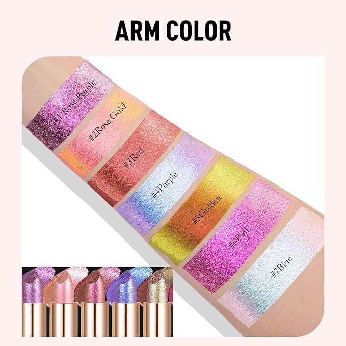Glitter Lipstick Makeup, Rose Purple Holographic Metallic Lip Stick Long Lasting Lightweight Non-Sticky Hydrating Lip Tinted Full Coverage High-Shine Sparkling Chameleon Lipstick for Women