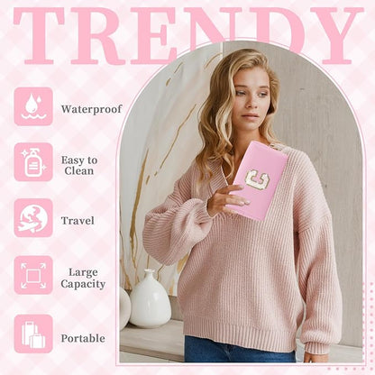 Small Personalized Initial A-Z Patch Makeup Bag,Pink Cute PU Leather Glitter Letter Cosmetic Bag for Teen Girls,Travel Toiletry Bag with Zipper,Preppy Monogrammed Birthday Gift for Daughter Niece C