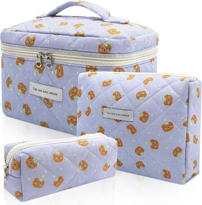 Quilted Makeup Bag Set, 3pc Large Floral Cosmetic Bag for Women, Cute Cotton Makeup Bags, Flower Travel Toiletry Organizer Bag (Blue Small Sheep)