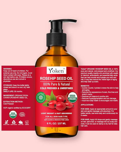 Rosehip Seed Oil Organic, USDA Certified 100% Pure Rosehip Oils for Face, Hair & Body, 8 fl oz Cold Pressed Rose Hip oil for Skin Moisturizing, Scar Fading, Gua Sha, Massage, Carrier Oil DIY