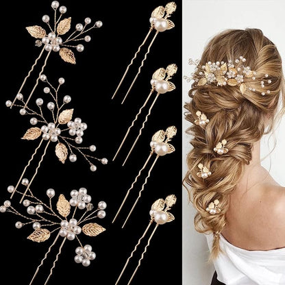 7 Pieces Wedding Hair Pins Gold Leaf Bride Headpiece Pearl Wedding Hair Styling Pins Hair Accessories Flower Hair Accessories for Brides Bridesmaids Girls