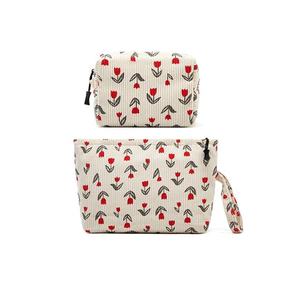 Makeup bag set small Cosmetic bag for women purse Corduroy Organizer with interior Pockets,cute Pencil zipper Pouch travel Toiletry Bag with handle(Tulip Red)