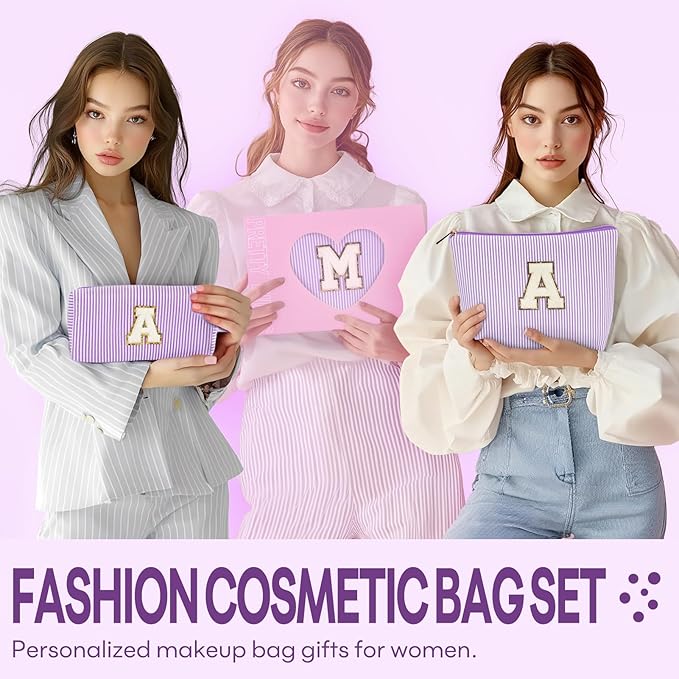 2 PCS Initial Makeup Bags for Women: Cosmetic Bag for Travel Toiletry - Birthday Gifts for 11 12 13 14 15 16 17 18 Years Old Girl Graduation Teacher Gift- Teen Girl Gifts Trendy Stuff - Purple C