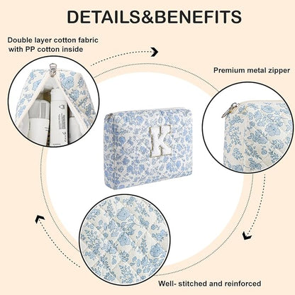 Alphabet Makeup Bag Cosmetic Bag for Women, Christmas Gifts for Age 11-18, Personalized Floral Coquette Travel Bag, Trendy Stuff Zipper Make Up Pouch Organizer Bag (Blue Floral K)