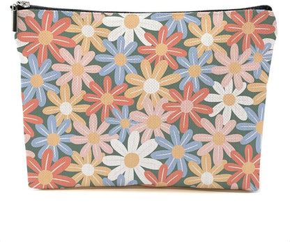 Vintage Daisy Flowers Makeup Bag Floral Cosmetic Bag Friend Friendship Gifts for Women Girls Sister Coworker Daughter Botanical Travel Organizer Zipper Pouch Christmas Thanksgiving Birthday Gifts