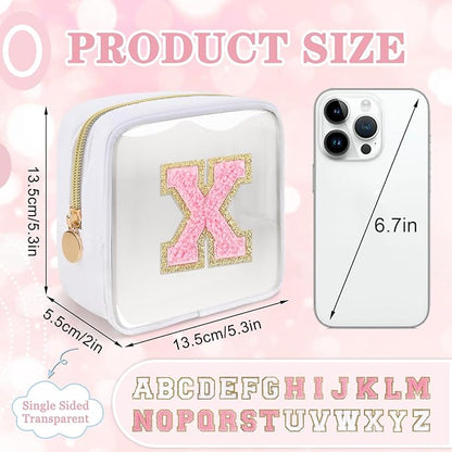 Mini Clear Personalized Initial Makeup Bag, Small Preppy A-Z Chenille Letter Patch Cosmetic Pouch, Transparent PVC & Nylon Waterproof Zip Beach Toiletry Bag,Gift for Women Girls(White-Pink X)