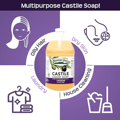 Vermont Castile Soap Lavender, Gentle Liquid Soap for Sensitive Skin & Natural Body Wash, Organic Hair Shampoo for Oily Hair, Aloe Castile Soap for Men & Women - 64 Oz