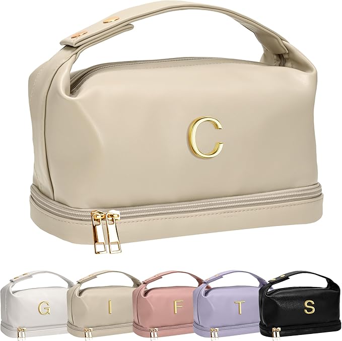Gifts for Friends Female Mom, Letter Makeup Bag, Personalized Double Layer Cosmetic Bag with Makeup Brush Organizer, Waterproof, Large Capacity PU Leather Travel Toiletry Bag, Gift for Wife
