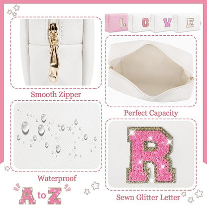 Personalized Initial Letter Makeup Bag, Small Glitter Letter Patch Cosmetic Pouch Zipper, Preppy Makeup Organizer PU Waterproof Travel Toiletry Bag, Monogrammed Birthday Gift for Women Girls
