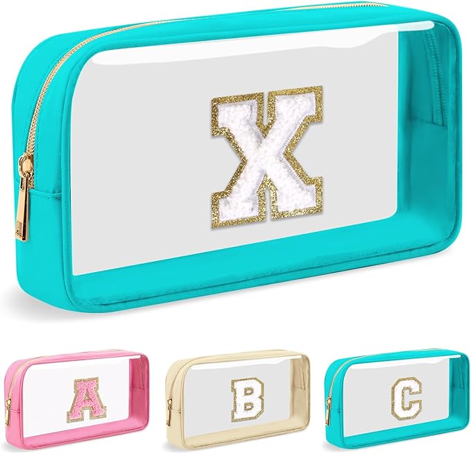Personalized Initial Letter Clear Makeup Bag,Preppy Small Nylon&PVC Cosmetic Zipper Bag with Chenille Letter,Portable Beach Travel Skincare Toiletry Bag,Trendy Monogram Gift for Teen Girls Women,X