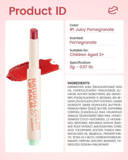 RUNBEN Kids Tinted Lip Balm, Pomegranate -Scented Lipstick, 24H Moisturizing, Safe & Non-toxic Lip Gloss for Kids & Teen, Christmas Makeup Gift for Girls, 2g