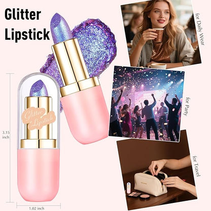 Metallic Blue Lipstick Makeup, Holographic Glitter Lip Stick Long Lasting Lightweight Non-Sticky Hydrating Lip Tinted Full Coverage High-Shine Sparkling Shimmer Lipstick for Women