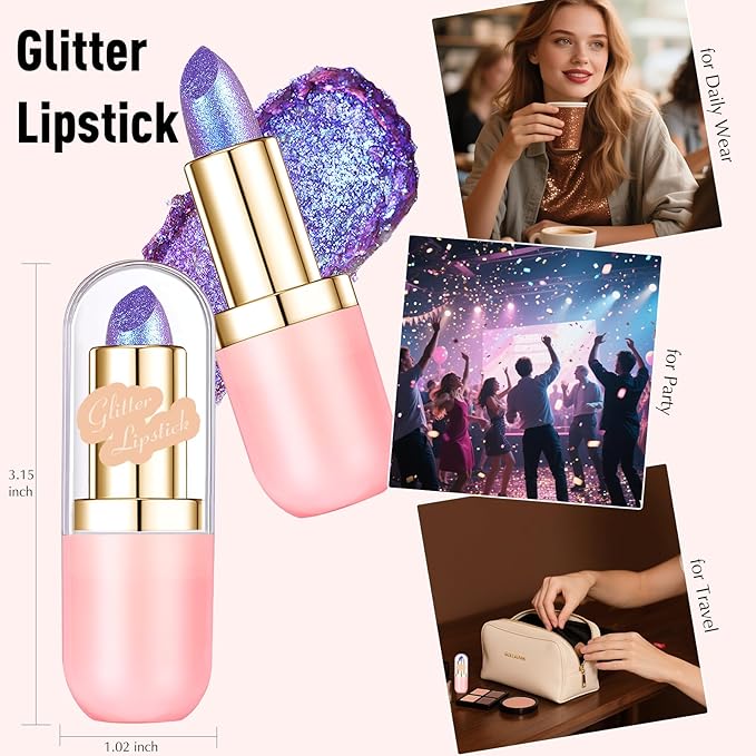 Glitter Lipstick Makeup, Rose Purple Holographic Metallic Lip Stick Long Lasting Lightweight Non-Sticky Hydrating Lip Tinted Full Coverage High-Shine Sparkling Chameleon Lipstick for Women