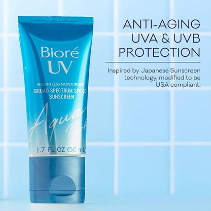 Biore UV Aqua Rich SPF 30 PA+++ Daily Moisturizer Sunscreen for Face, For Sensitive Skin, Oil Free, Hyaluronic Acid, Vegan, Oxybenzone & Octinoxate Free, Dermatologist Tested, 1.7 Oz/3pk