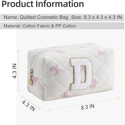 Gleyemor Personalized Initial Makeup Bag for Women, Cute Quilted Pink Floral Cotton Cosmetic Bag, Christmas Gifts for Her Mom Friend Sister Bridesmaid Teacher Women D