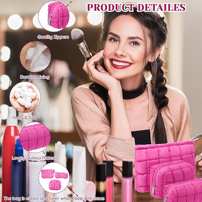 3 Pcs Puffy Makeup Bag Quilted Cosmetic Pouch for Women Cute Checkered Travel Toiletry Bag Puffer Makeup Organizer Purse Pouch Preppy Pencil Case with Zipper(Hot Pink)