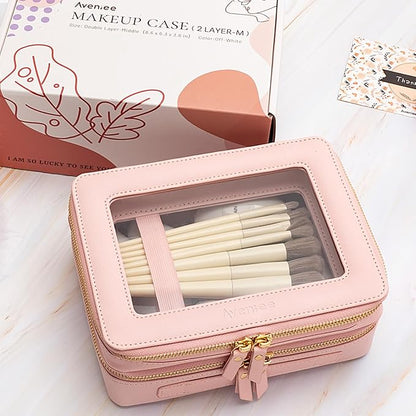 Aveniee XL Clear Makeup Organizer,Double Layer Travel Cosmetic Case with Brush Holder & Zippered Compartments,Big Toiletry Bag for Travel Accessories,2 Layers Large,Pink