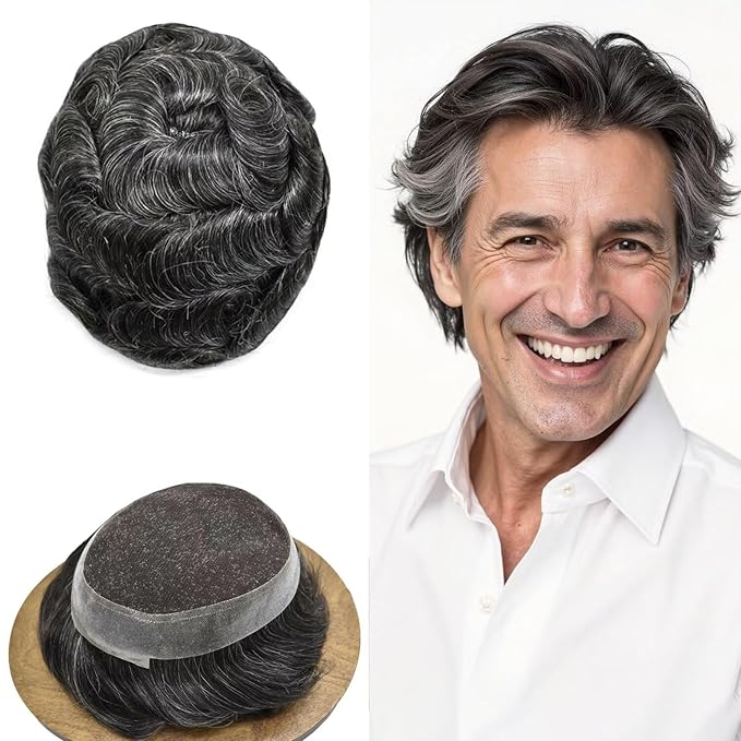 FACE MIRACLE French Lace Mens Toupee Human Hair System Lace Center Toupee for Men Thin Skin PU Around Hair Replacement System V-Looped Mens Hair Wig 6"X9" #1B30 1B# OFF BLACK WITH 30% SYNTHETIC GREY